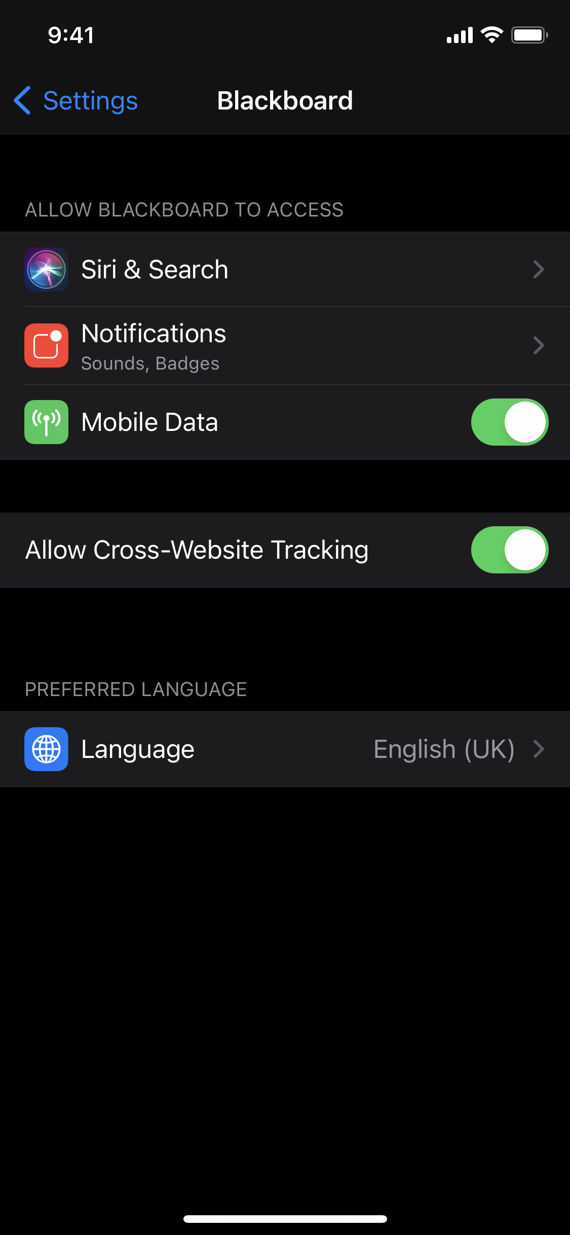 iOS Setting to Allow Cross-Website Tracking for Blackboard app and Blackboard Instructor app