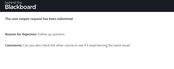 Confirmation page after submitting the reason for rejection page.