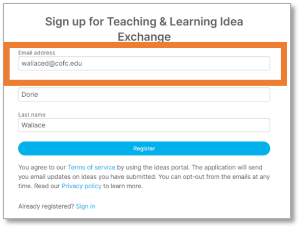 Idea Exchange Registration page